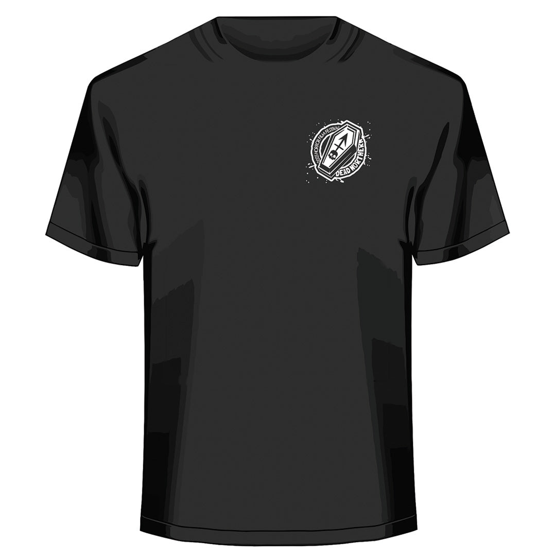 Black t-shirt with a white logo on the chest against a white background