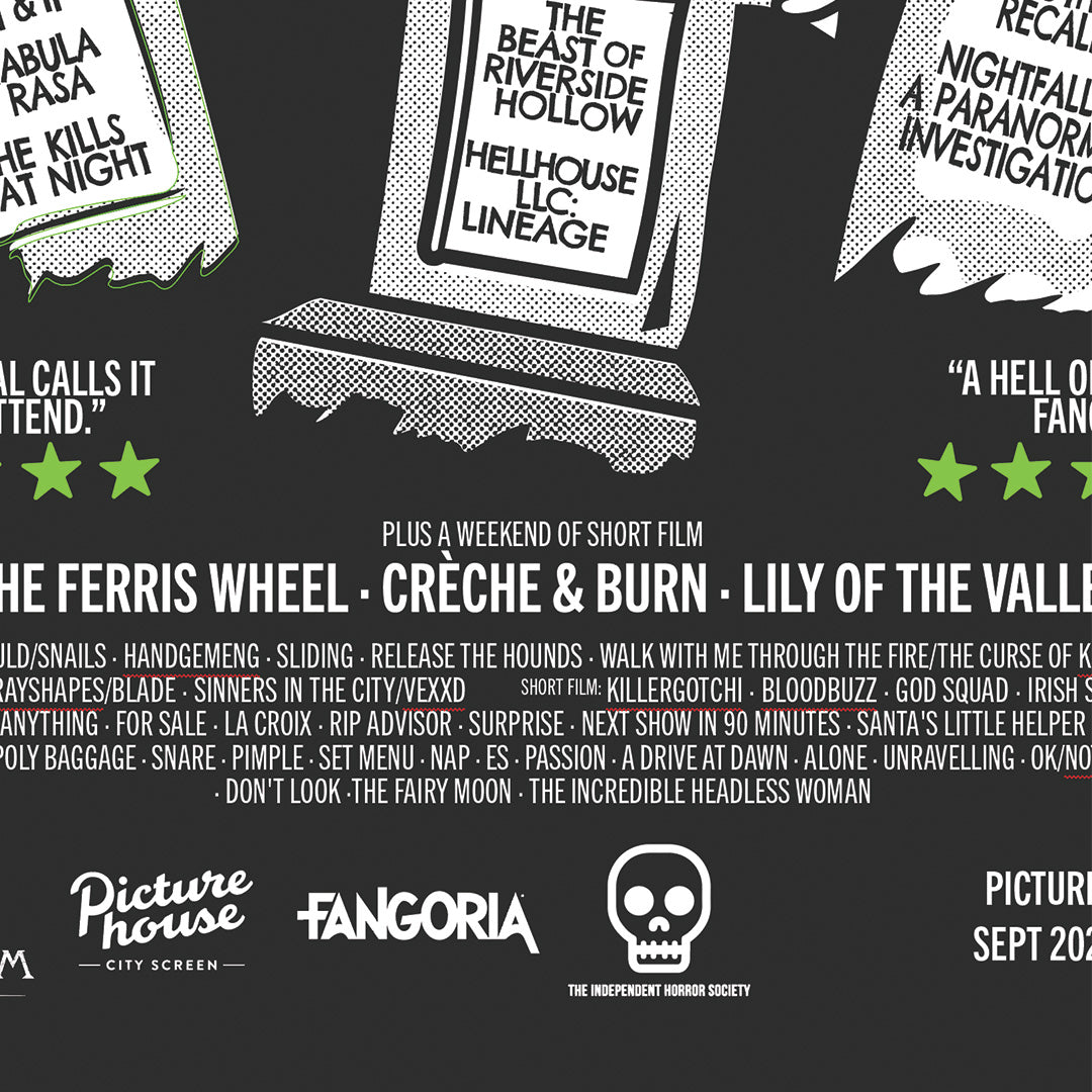 Promotional poster for a horror-themed event with text and logos on a black background.