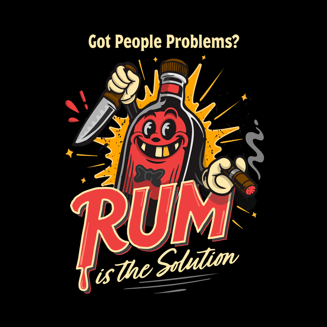 parody horror t-shirt, rum satire tee, cartoon liquor shirt, genre mashup apparel, cult mascot merch