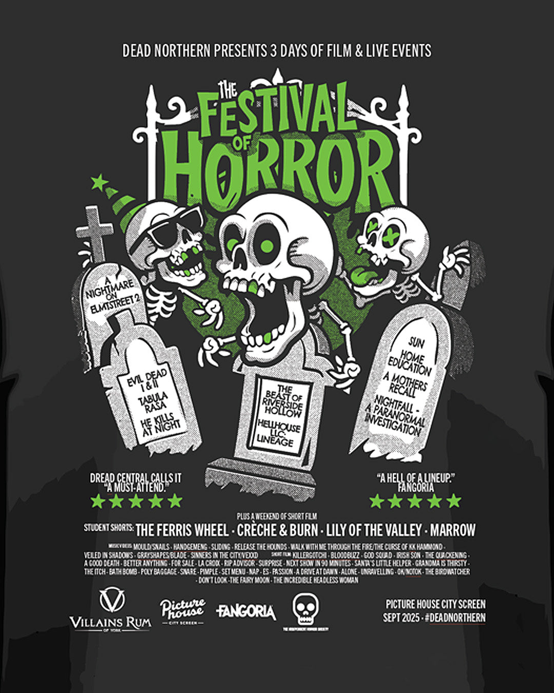 Promotional poster for 'The Festival of Horror' with skeletons and tombstones on a black background.