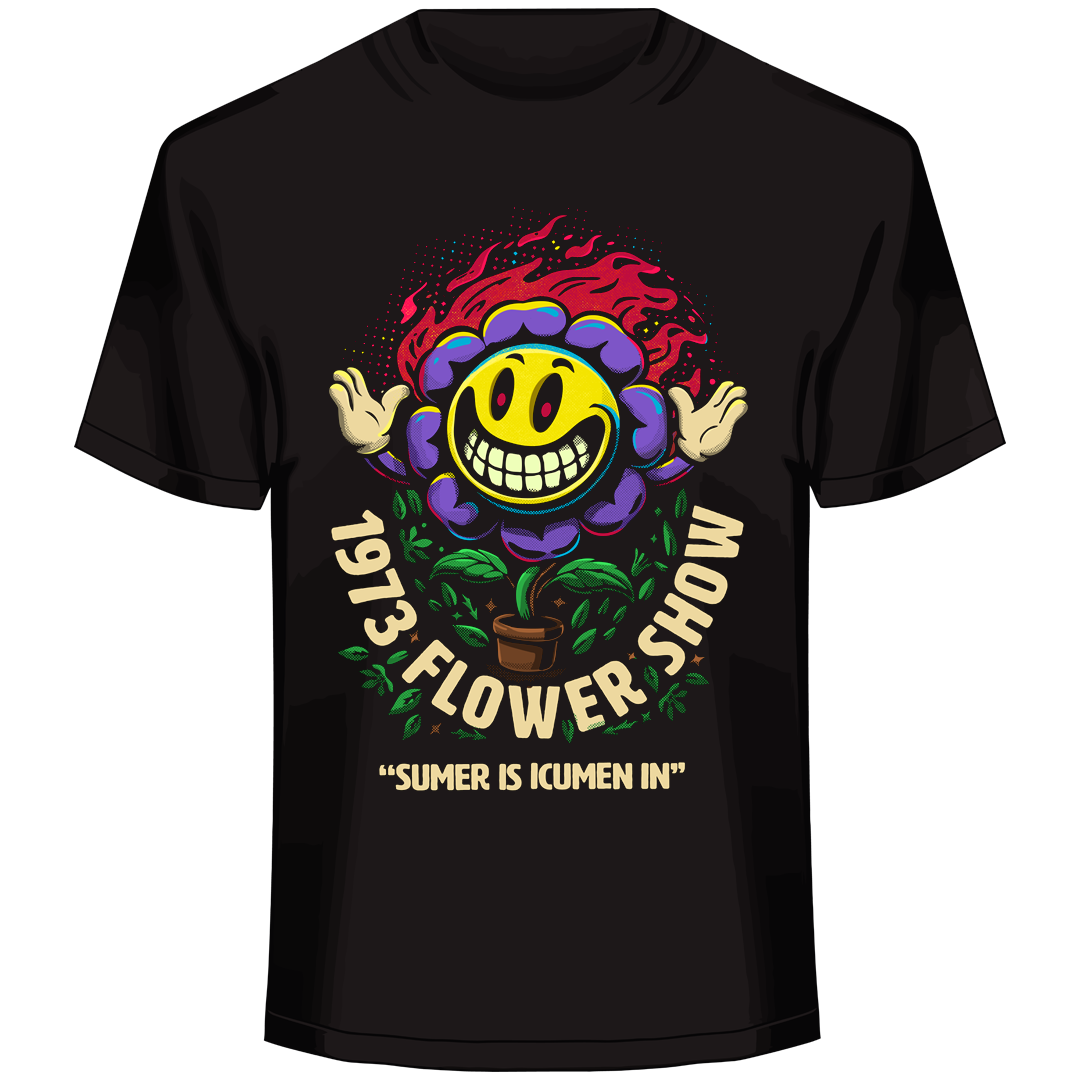 folk horror parody, flower cult graphic, psychedelic bloom design, midsummer satire art, surreal mascot illustration