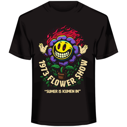 folk horror parody, flower cult graphic, psychedelic bloom design, midsummer satire art, surreal mascot illustration