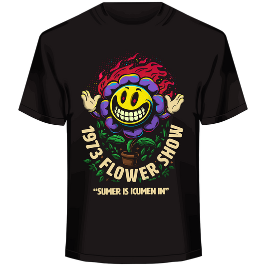 folk horror parody, flower cult graphic, psychedelic bloom design, midsummer satire art, surreal mascot illustration