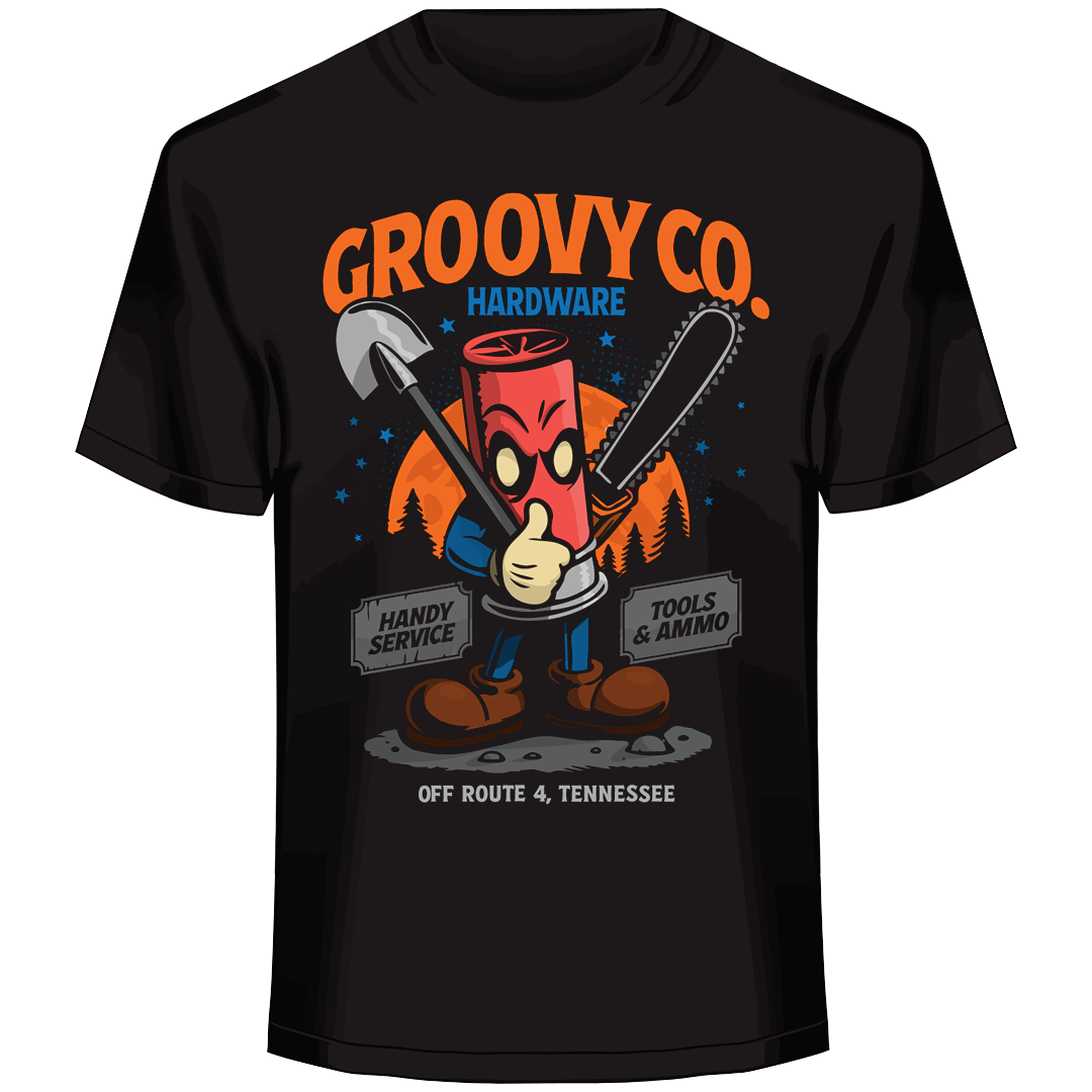 groovy parody graphic, cartoon mascot, horror hardware store, chainsaw shovel design, retro survival tee
