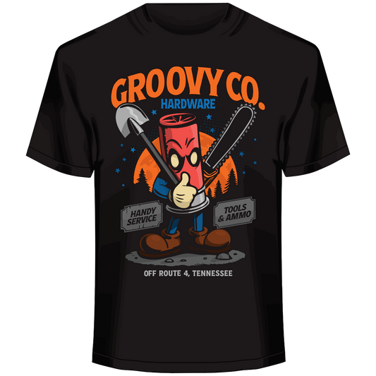 groovy parody graphic, cartoon mascot, horror hardware store, chainsaw shovel design, retro survival tee
