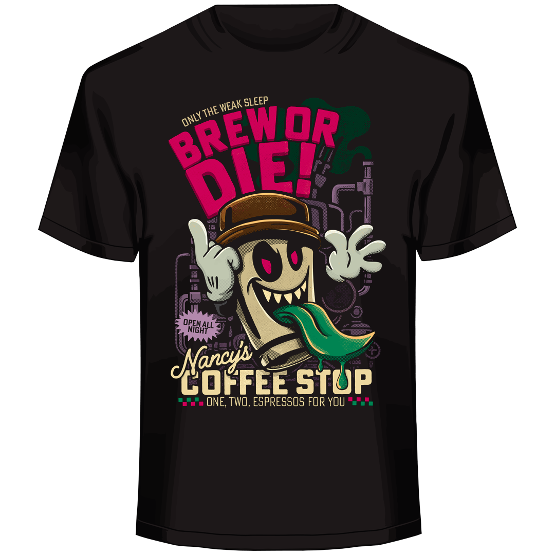 horror coffee parody, caffeine cult graphic, surreal espresso design, late-night brew mascot, genre mashup art