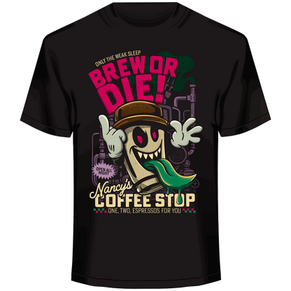 horror coffee parody, caffeine cult graphic, surreal espresso design, late-night brew mascot, genre mashup art