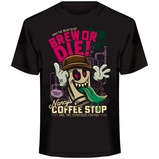 horror coffee parody, caffeine cult graphic, surreal espresso design, late-night brew mascot, genre mashup art