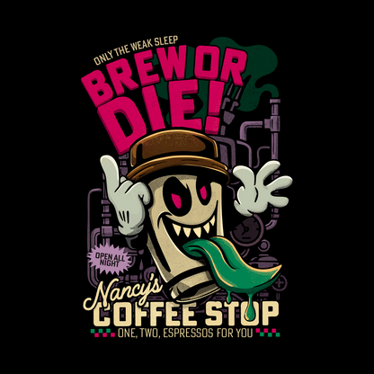 parody horror t-shirt, coffee cult tee, espresso nightmare shirt, caffeine graphic apparel, surreal horror merch