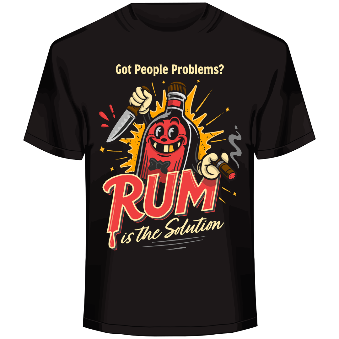 “Rum Is the Solution parody graphic with cartoon rum bottle holding knife and cigar, explosion backdrop”