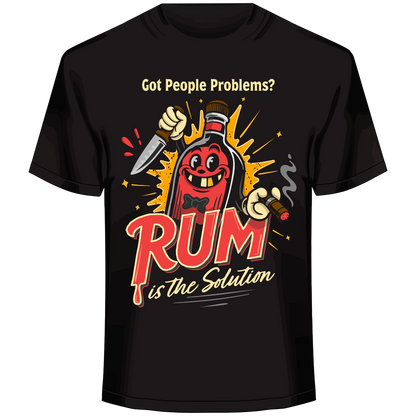 “Rum Is the Solution parody graphic with cartoon rum bottle holding knife and cigar, explosion backdrop”