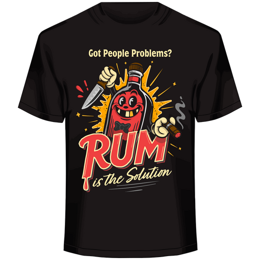 “Rum Is the Solution parody graphic with cartoon rum bottle holding knife and cigar, explosion backdrop”