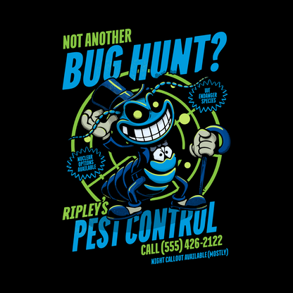 Detailed view of sci‑fi parody pest control artwork on black cotton tee