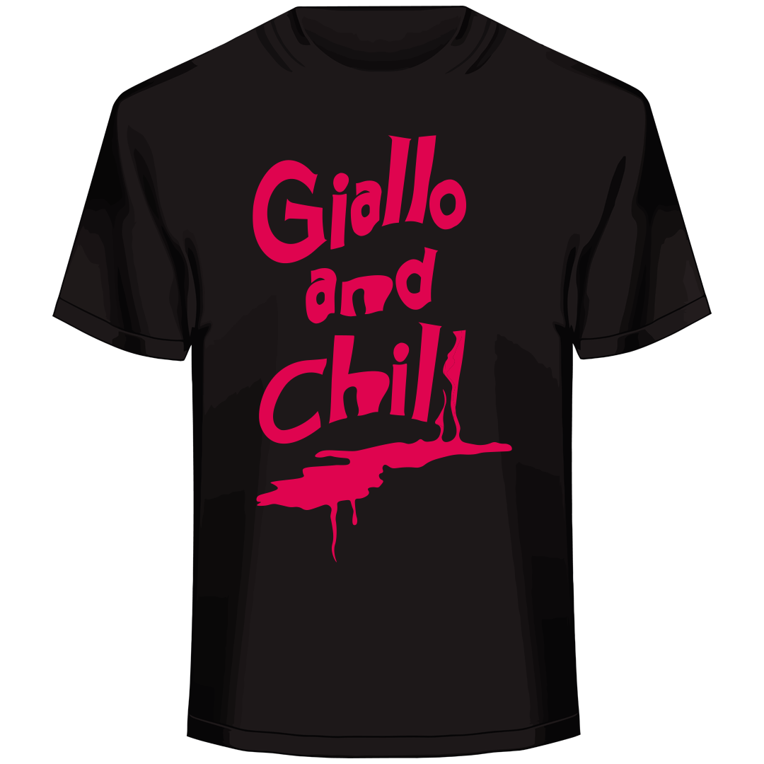 giallo parody graphic, Italian horror satire, retro cult design, surreal genre mashup art, bold lettering illustration