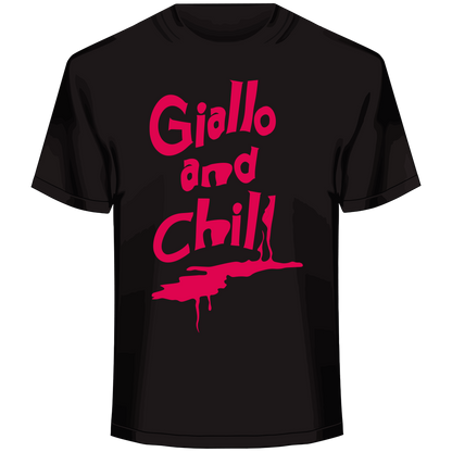 giallo parody graphic, Italian horror satire, retro cult design, surreal genre mashup art, bold lettering illustration